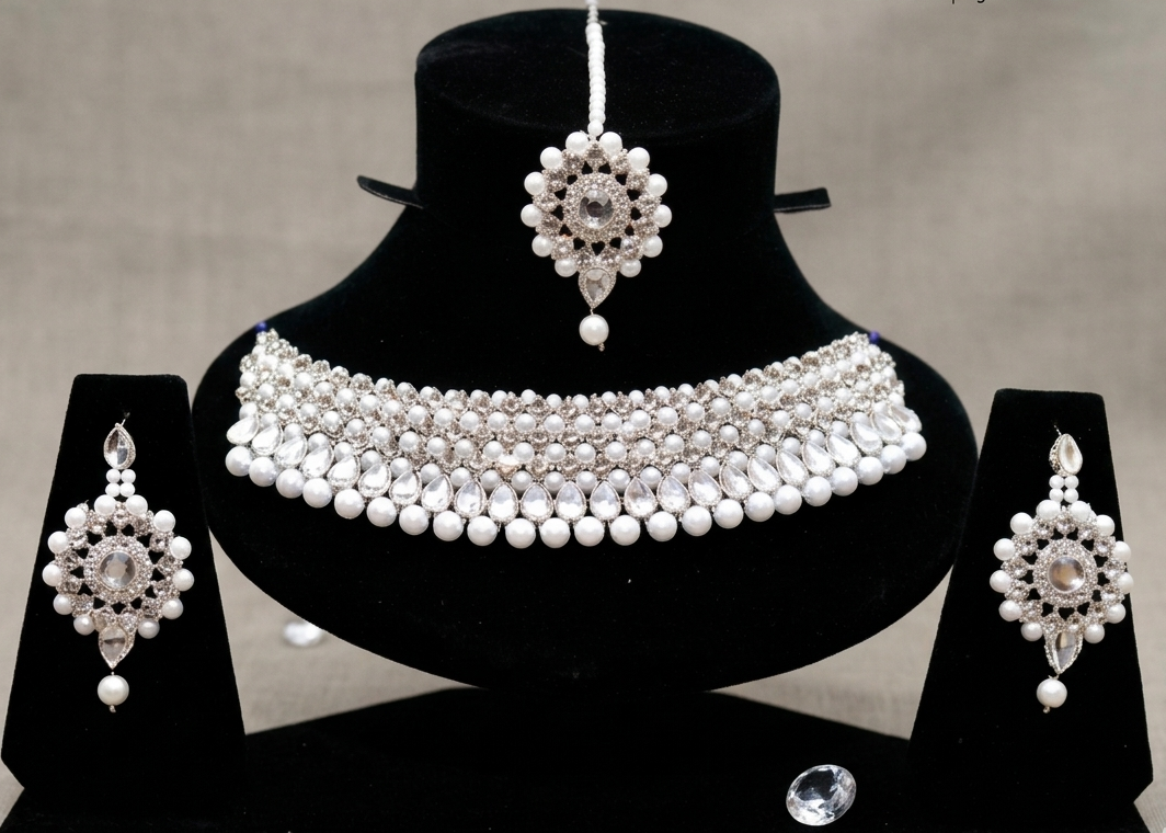 Kundan & Pearl Bridal Choker Set with Maang Tikka & Earrings | Silver Tone