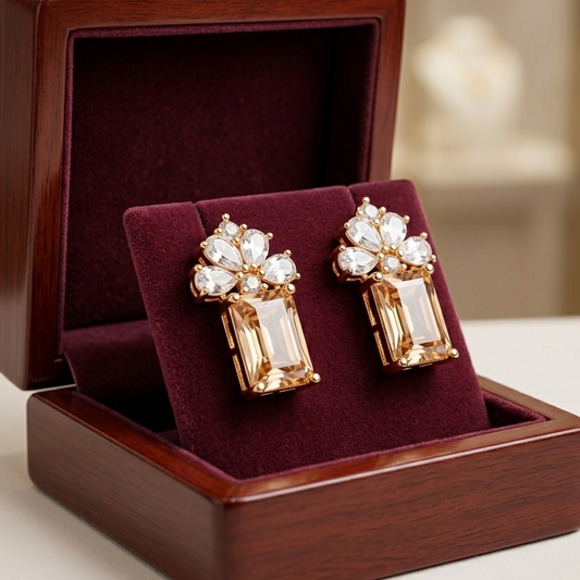 Elegant Emerald-Cut Floral Stud Earrings | Multi-Color Crystal Drops