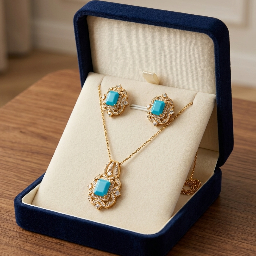 Vintage Turquoise Empress Jewelry Set – Emerald-Cut Filigree Necklace & Statement Stud Earrings