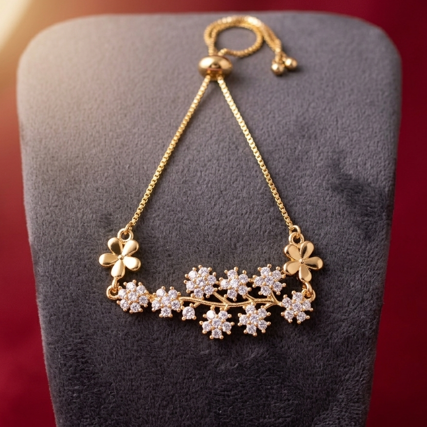 Sparkling Floral Vine Bolo Bracelet - Adjustable Gold Tone Slider, Free Size