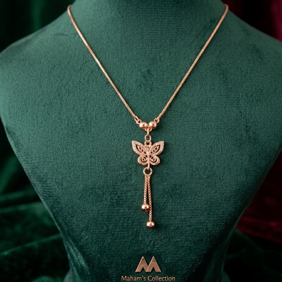 Rose Gold Toned Filigree Butterfly Pendant Tassel Necklace