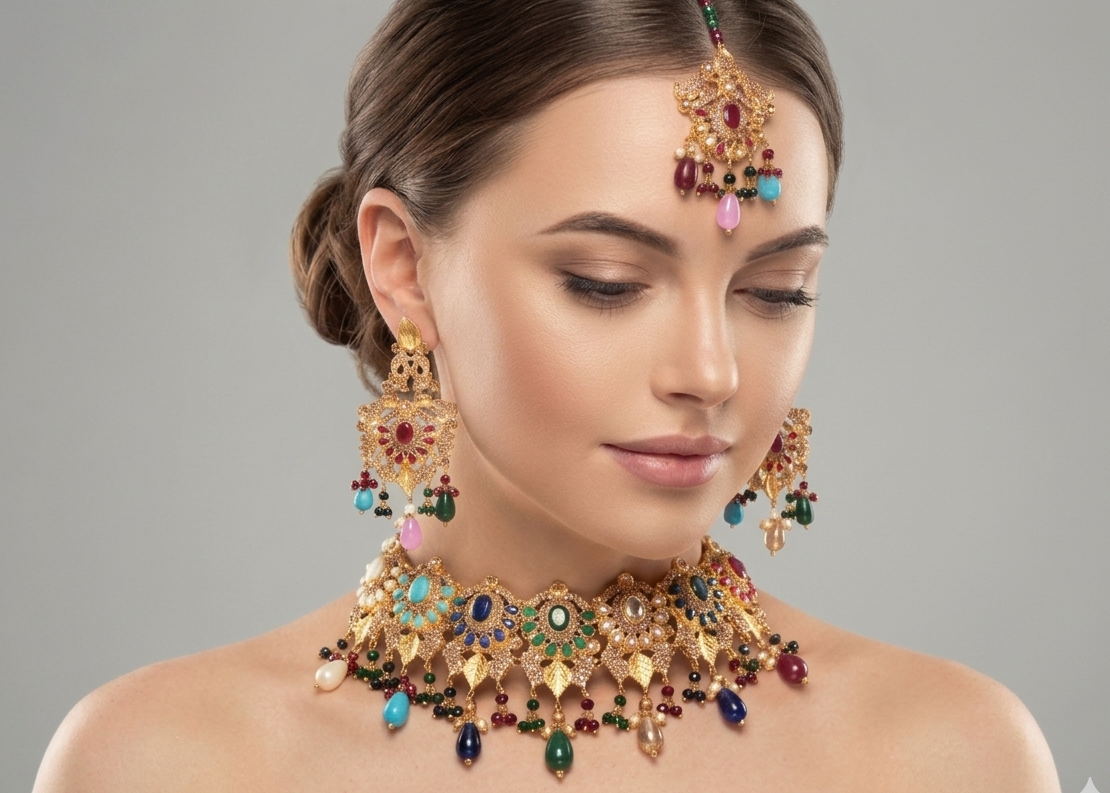 Antique Gold Kundan-Style Choker Set with Danglers - Available in Amber & Multi-Color