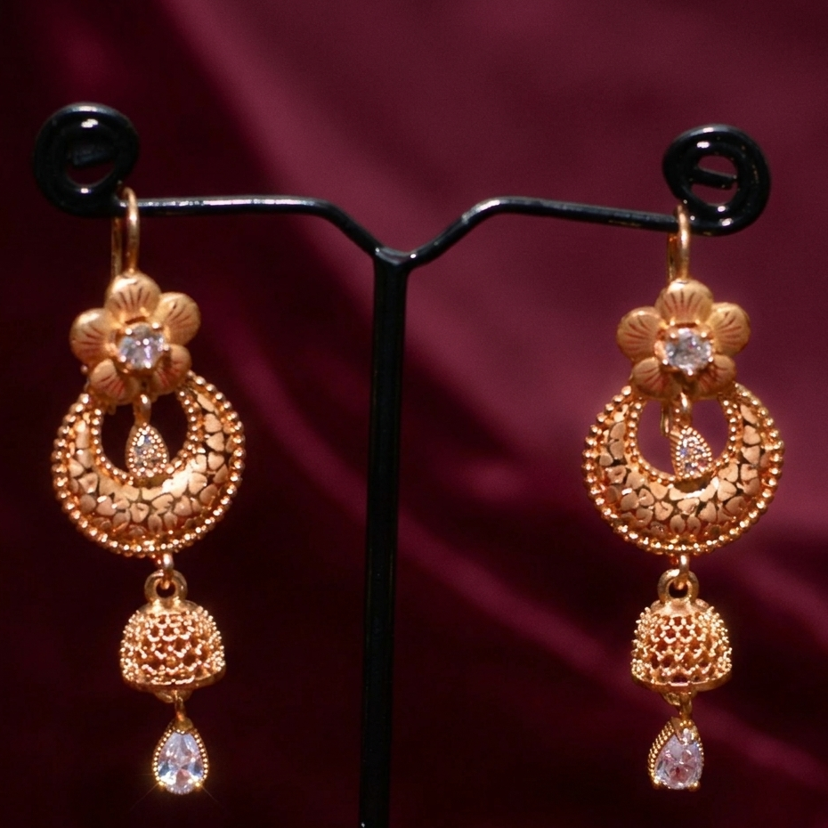 Floral Crescent Jhumka Earrings with Sparkling White Zircon