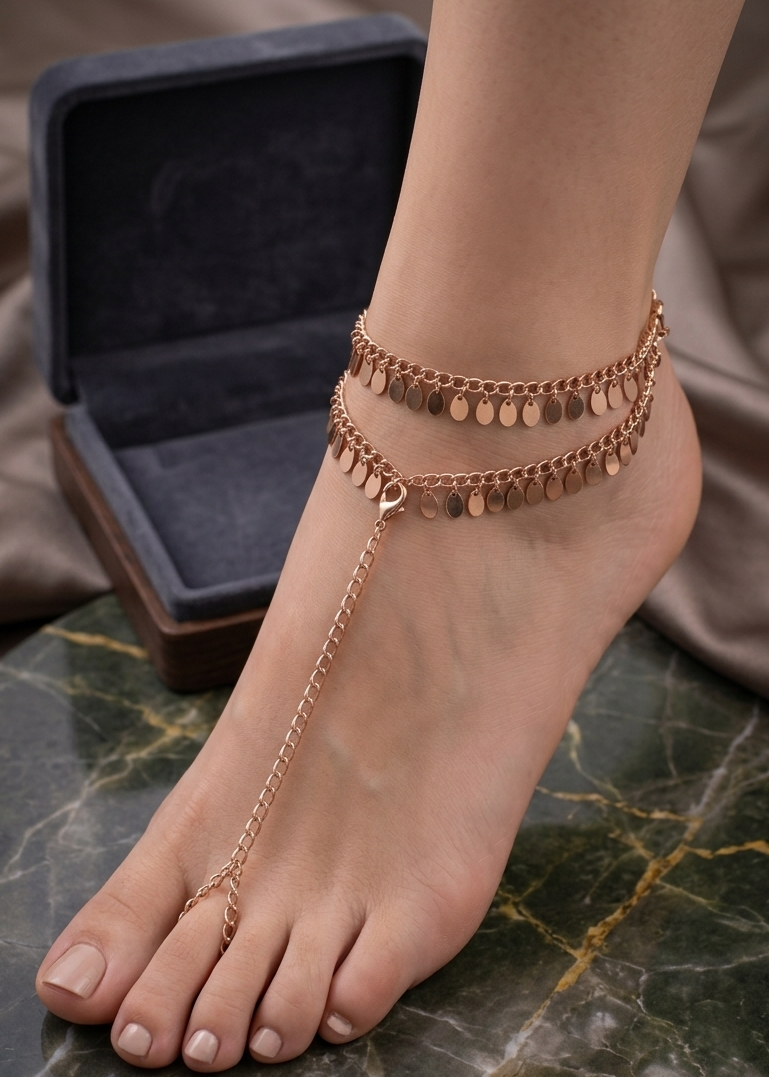 Rose Gold Sequin Dangle Anklets (Pair) - Free Size