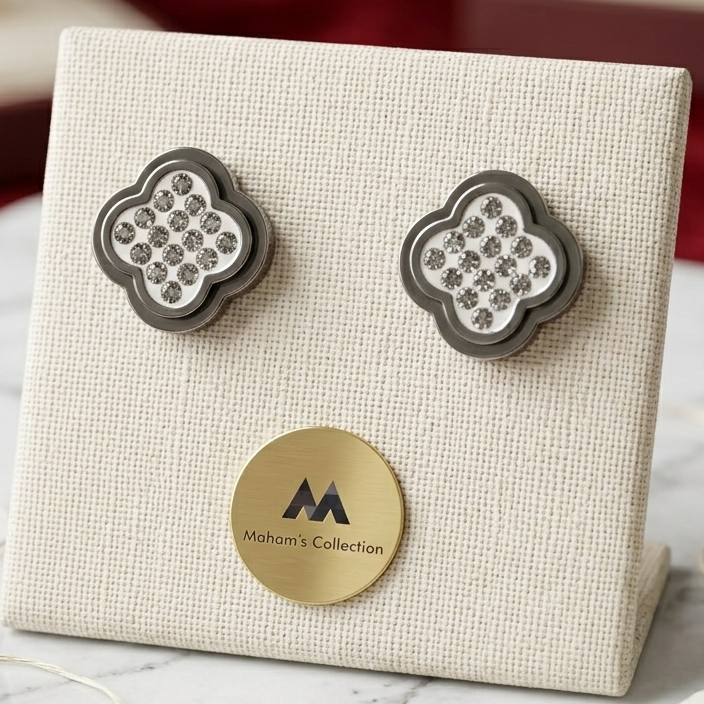 Elegant Floral Clover Stud Earrings with Sparkling White Stones