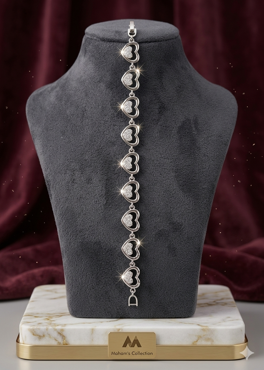 Sparkling Pave Center Heart Link Bracelet - Silver Tone, Free Size