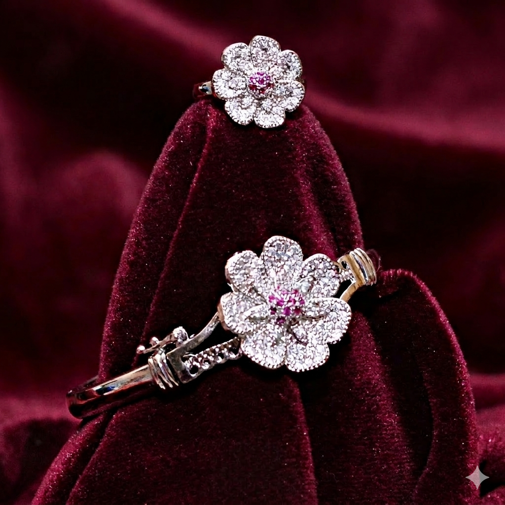 Silver Floral Crystal Bracelet and Ring Set for Women - Pink, Black & White Stones - Maham's Collection