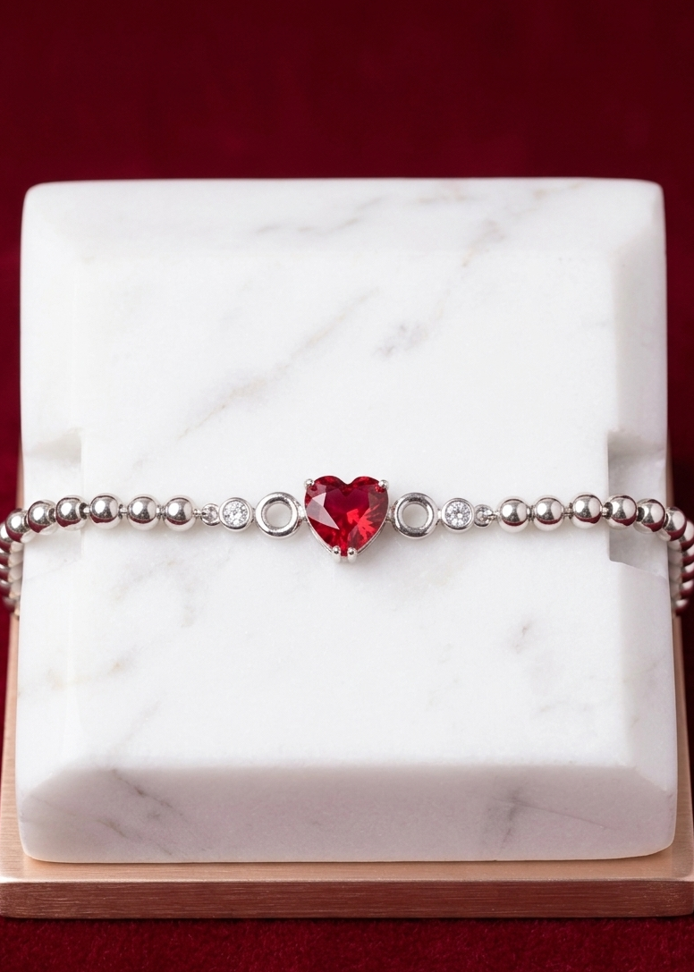 Vibrant Red Heart Solitaire Charm Bracelet - Silver Tone, Free Size