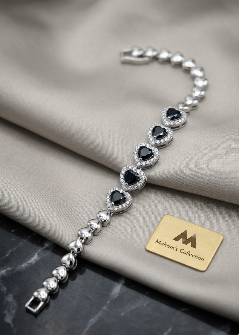 Chic Black & White Heart Link Bracelet - Pave Halo, Silver Tone, Free Size