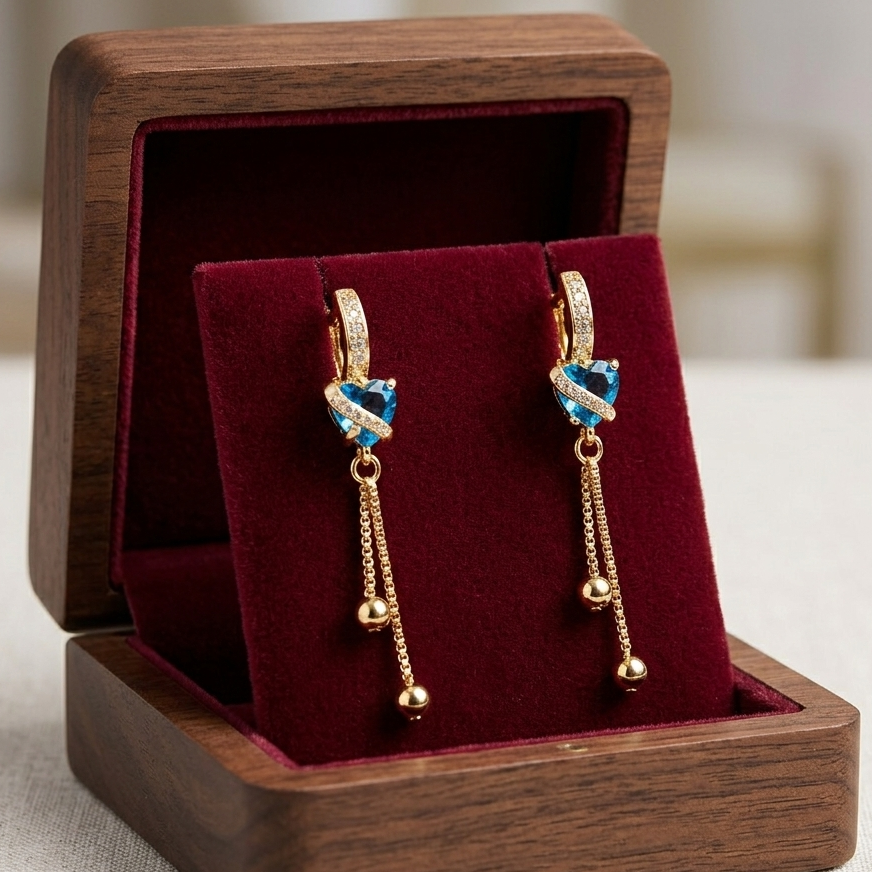 Elegant 18K Gold Plated Heart Crystal Drop Earrings with Long Tassels – Available in 4 Stunning Colors