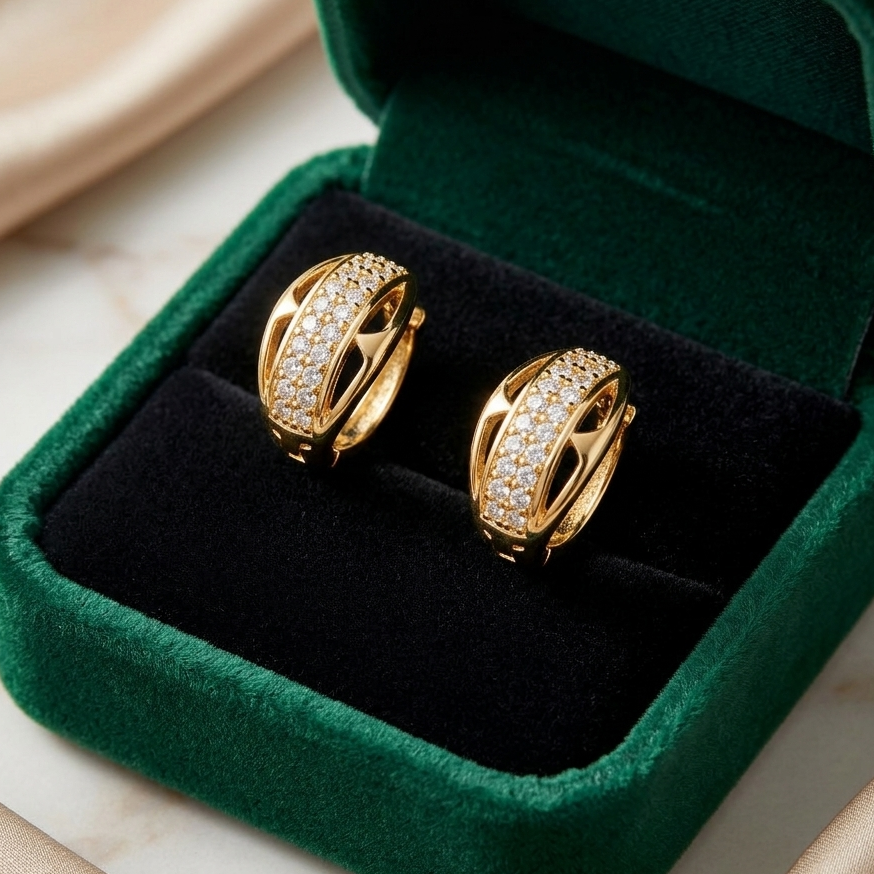 Royal Gold-Plated Filigree Huggie Earrings with Pave Zirconia – Elegant Statement Jewelry by Maham's Collection