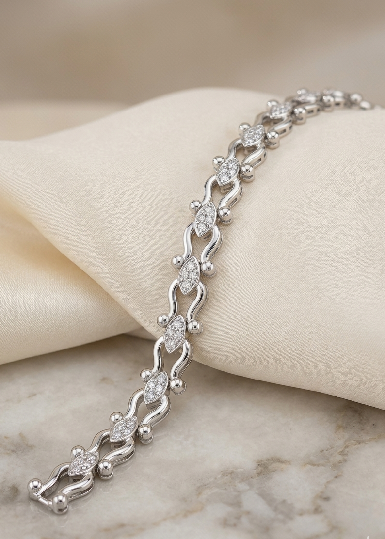 Elegant Marquise Link Tennis Bracelet for Women - Silver Tone, Free Size