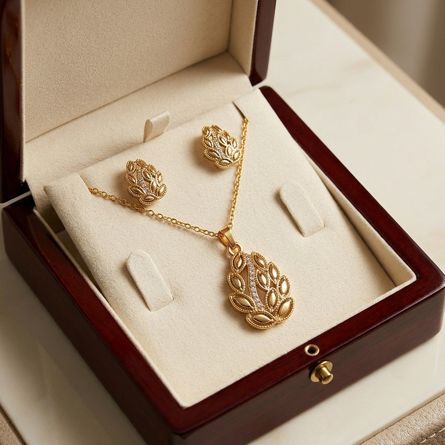 Dazzling Gold-Tone Leaf Pendant Set with Clear CZ Stones