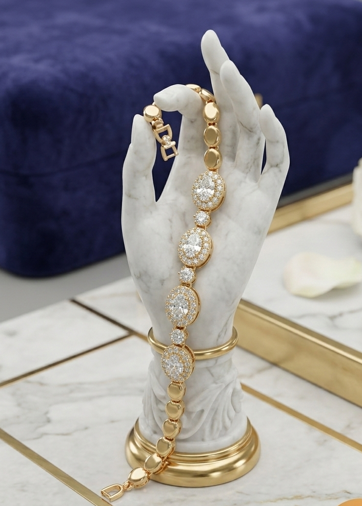 Classic Oval Solitaire Tennis Bracelet for Women - White Stone & Gold Tone, Free Size