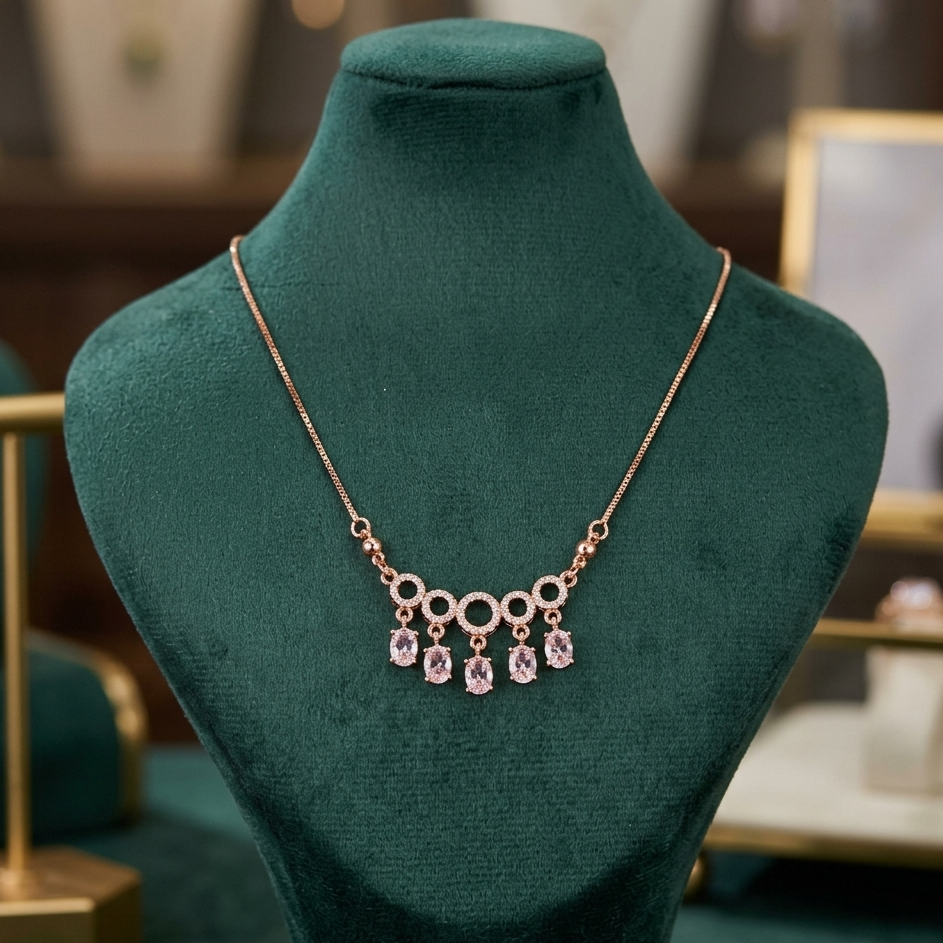 Rose Gold Toned CZ Stone Fringe Dangle Necklace - Free Size