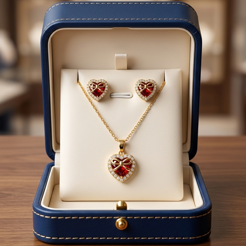 Enchanted Heart & Bow Jewelry Set – Premium 18K Gold & Silver Plated Necklace and Earrings Set