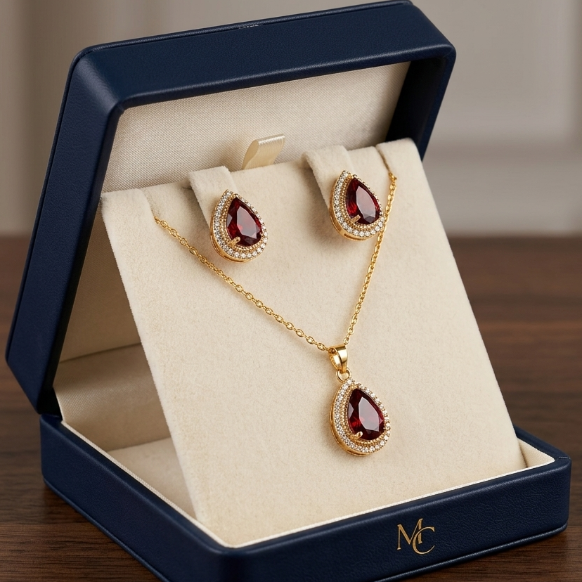 Regal Pear-Cut Teardrop Halo Jewelry Set – Premium 18K Gold Plated Necklace & Stud Earrings