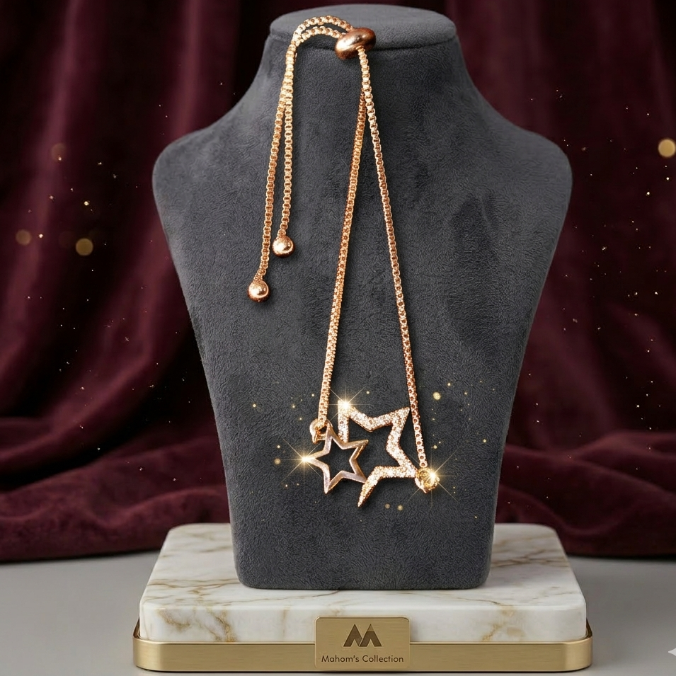 Dazzling Interlocking Star Bolo Bracelet - Adjustable Gold Tone, Free Size