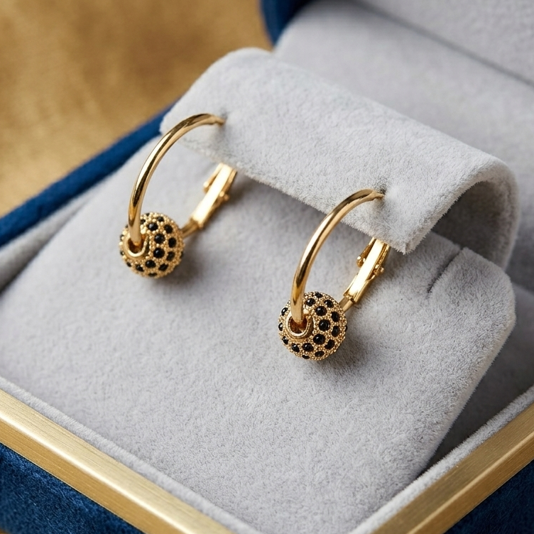 Midnight Onyx Pavé Ball Hoop Earrings - 14K Gold Plated Minimalist Jewelry – Maham's Collection