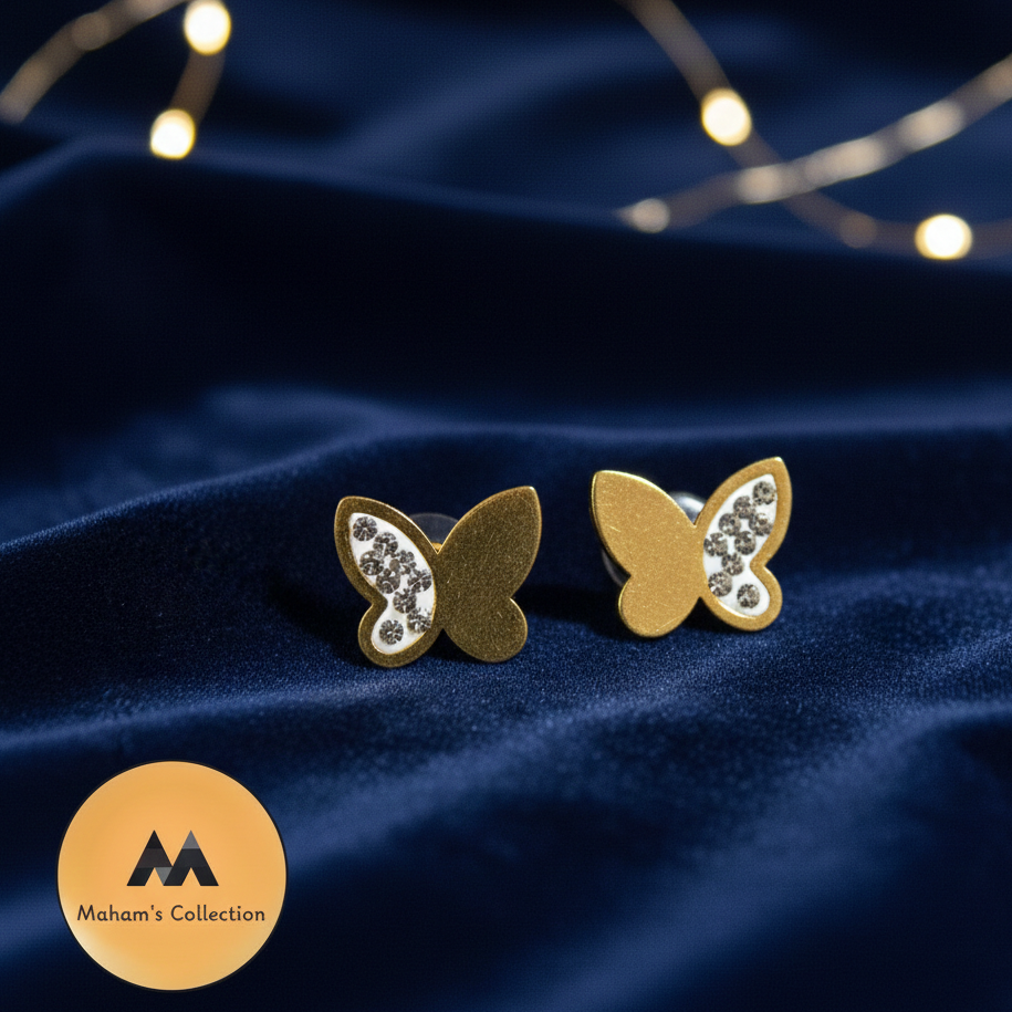Dainty Butterfly Wing Stud Earrings with Shimmering White Stones