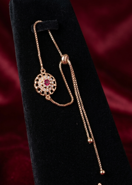 Dainty Adjustable Circle Charm Bolo Bracelet - Red or Blue Stone, Gold Tone