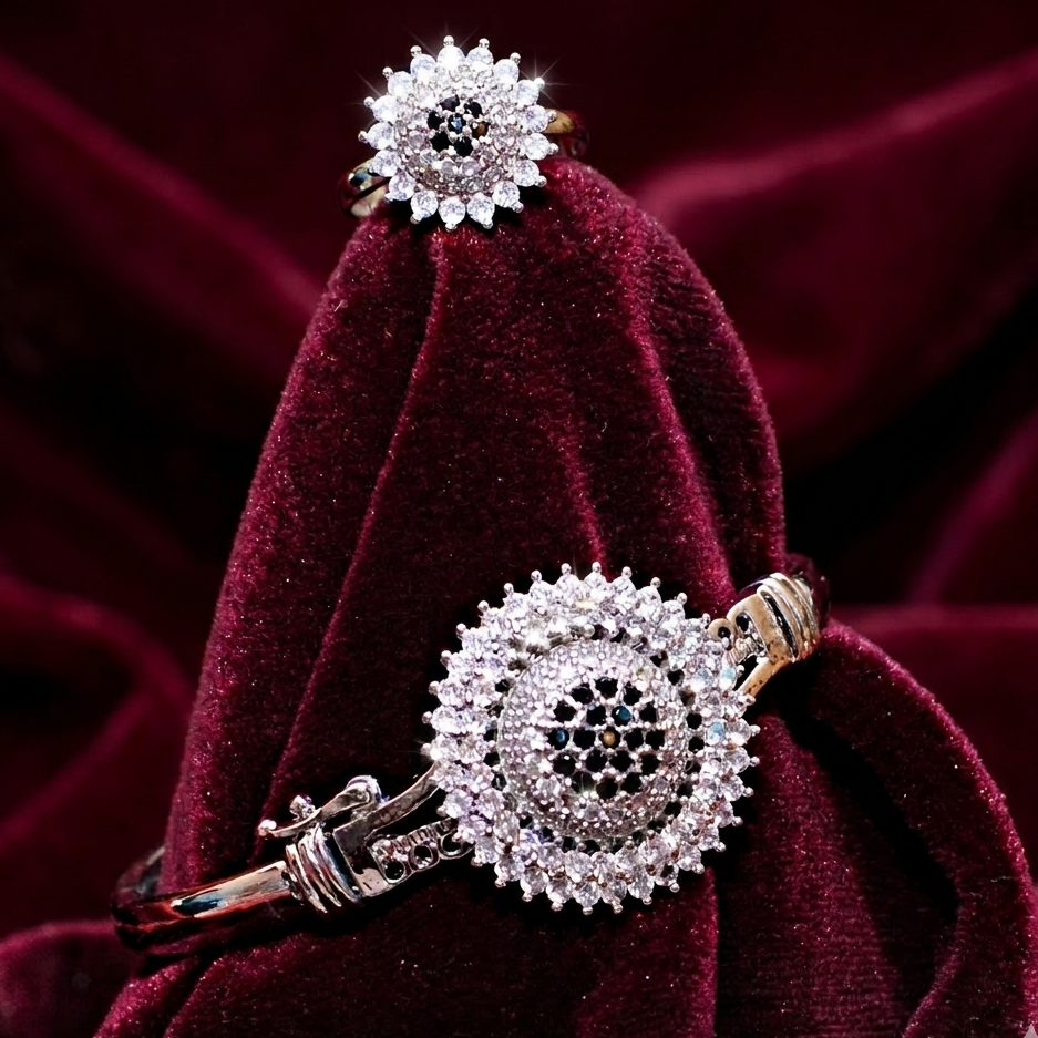Silver Sunburst Flower Bracelet and Ring Set for Women - Ruby Pink & Onyx Black Stone Jewelry - Maham's Collection
