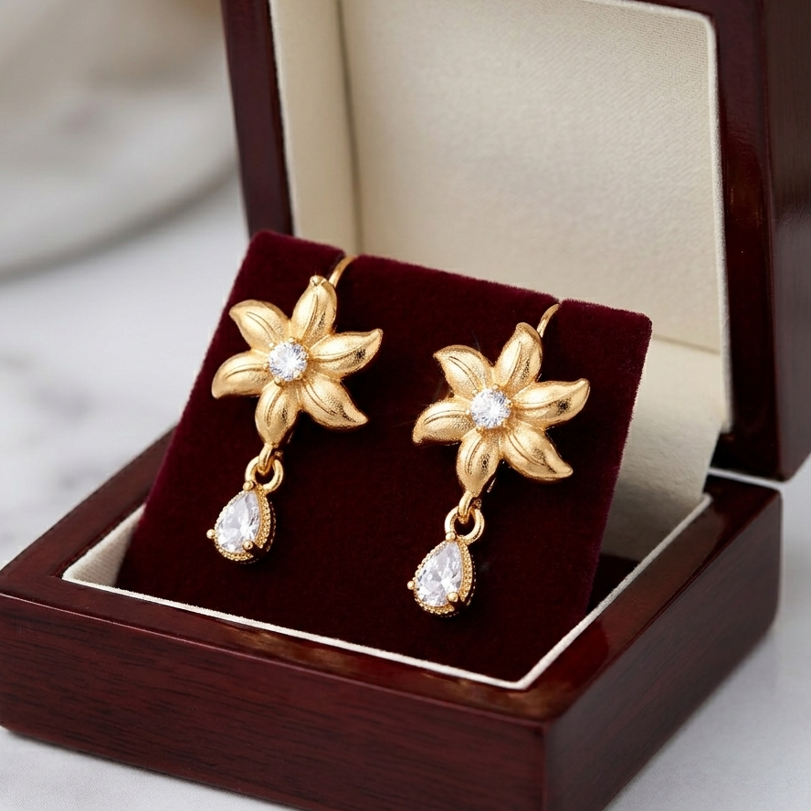 Bloom Floral Drop Earrings with Teardrop Crystal – Gold Plated Elegant Dangle Earrings