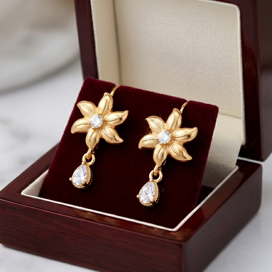Bloom Floral Drop Earrings with Teardrop Crystal – Gold Plated Elegant Dangle Earrings