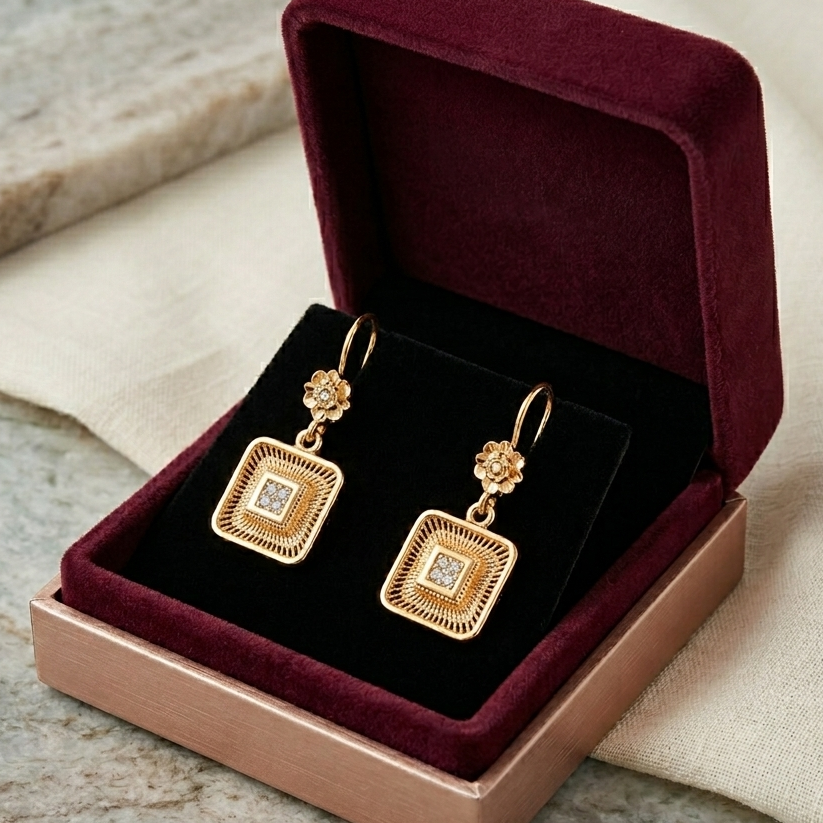 Royal Square Filigree Drop Earrings with Floral Accent – Gold Plated Elegant Dangle Earrings