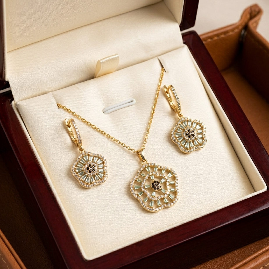 Golden Solar Bloom Jewelry Set – Intricate Crystal Sunburst Necklace & Lever-Back Drop Earrings