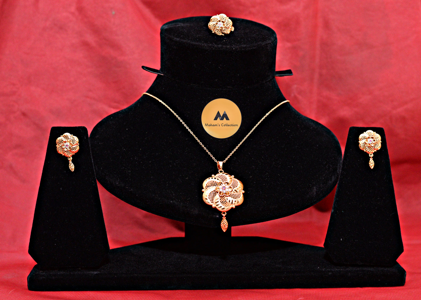 Gold-Tone Floral Pendant Set with Pink Stone Accent & Ring