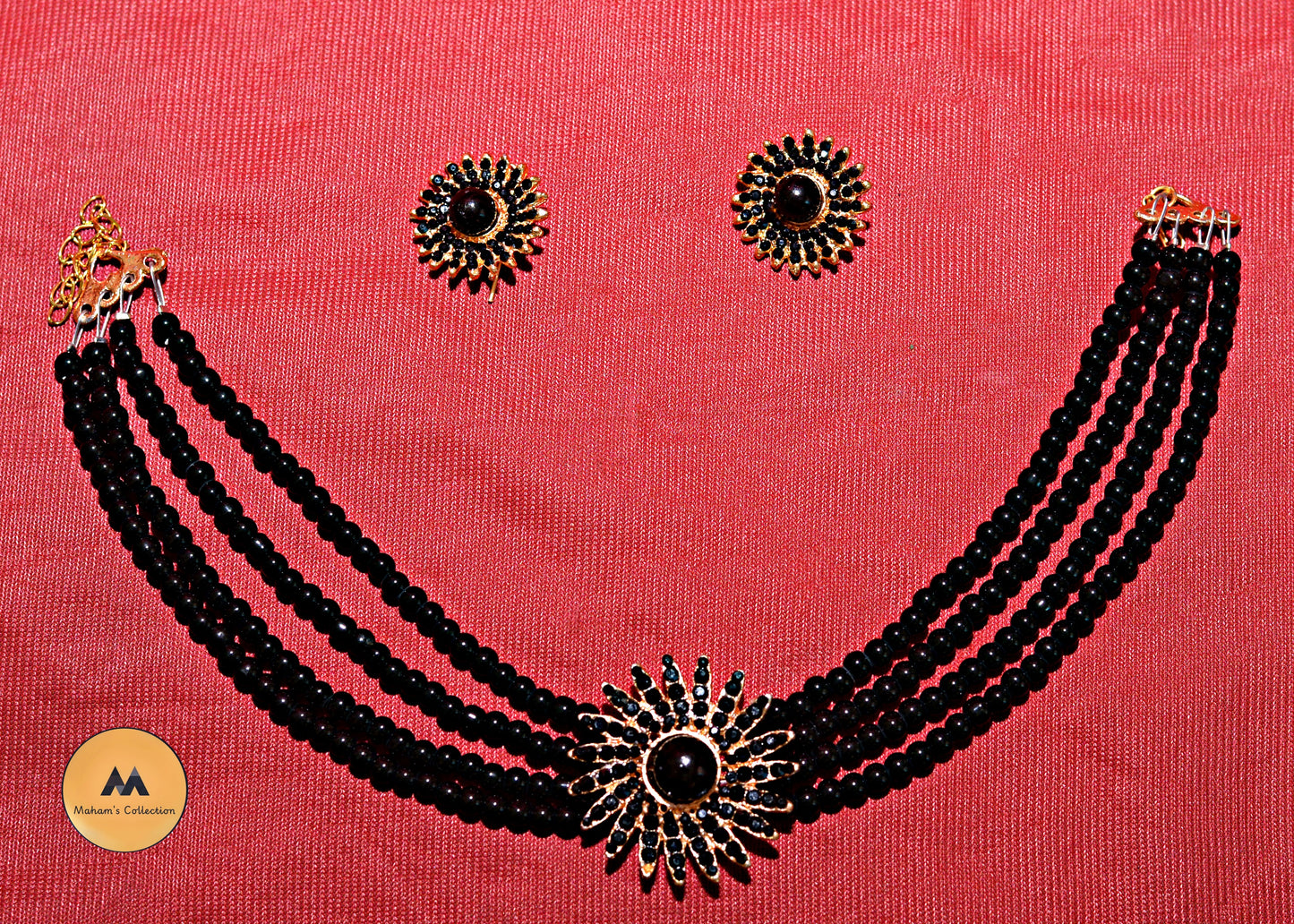 Three-Layered Pearl Beaded Choker Set with Starburst Pendant | 4 Colors