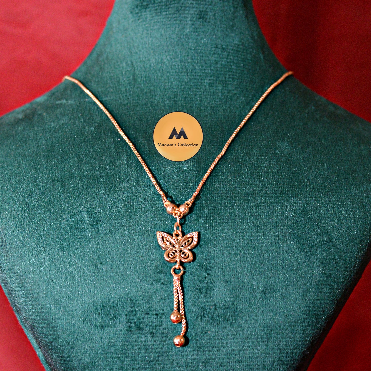 Rose Gold Toned Filigree Butterfly Pendant Tassel Necklace