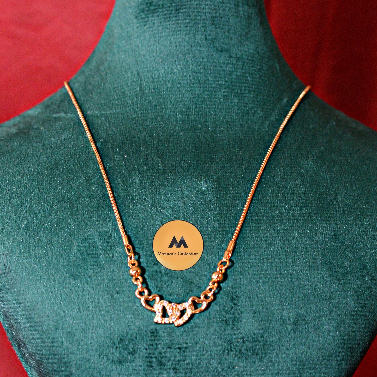 Rose Gold Toned Interlocking Hearts CZ Stone Necklace