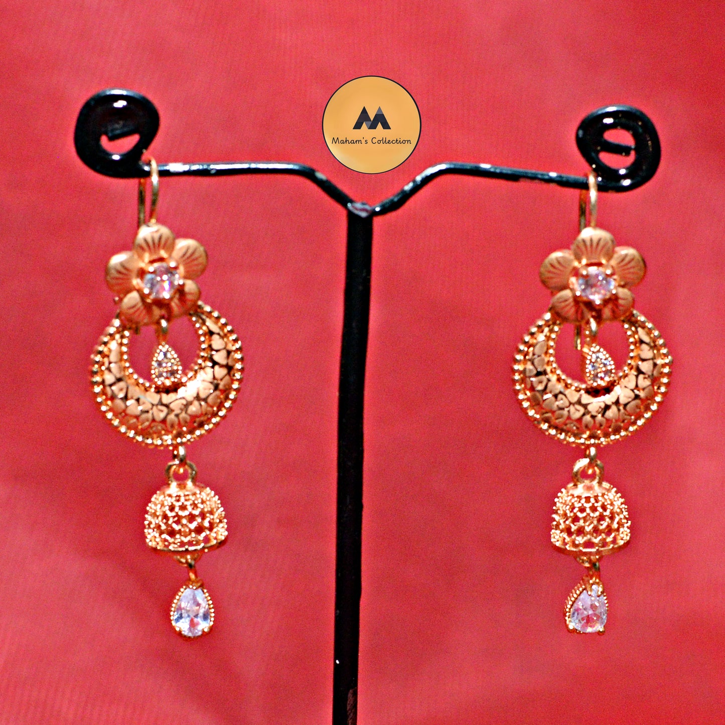 Floral Crescent Jhumka Earrings with Sparkling White Zircon