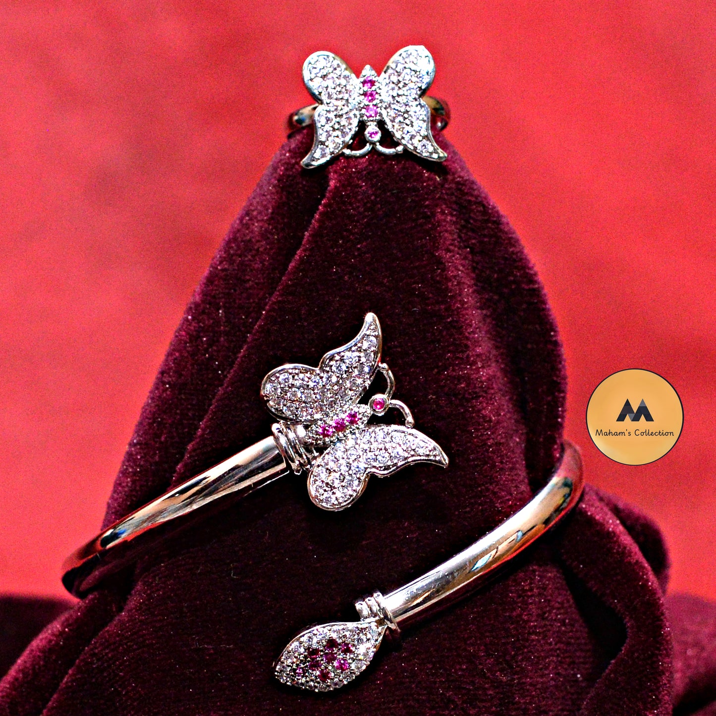 Silver Butterfly Bracelet and Ring Set for Women - Pink & White Crystal Jewelry - Maham's Collection