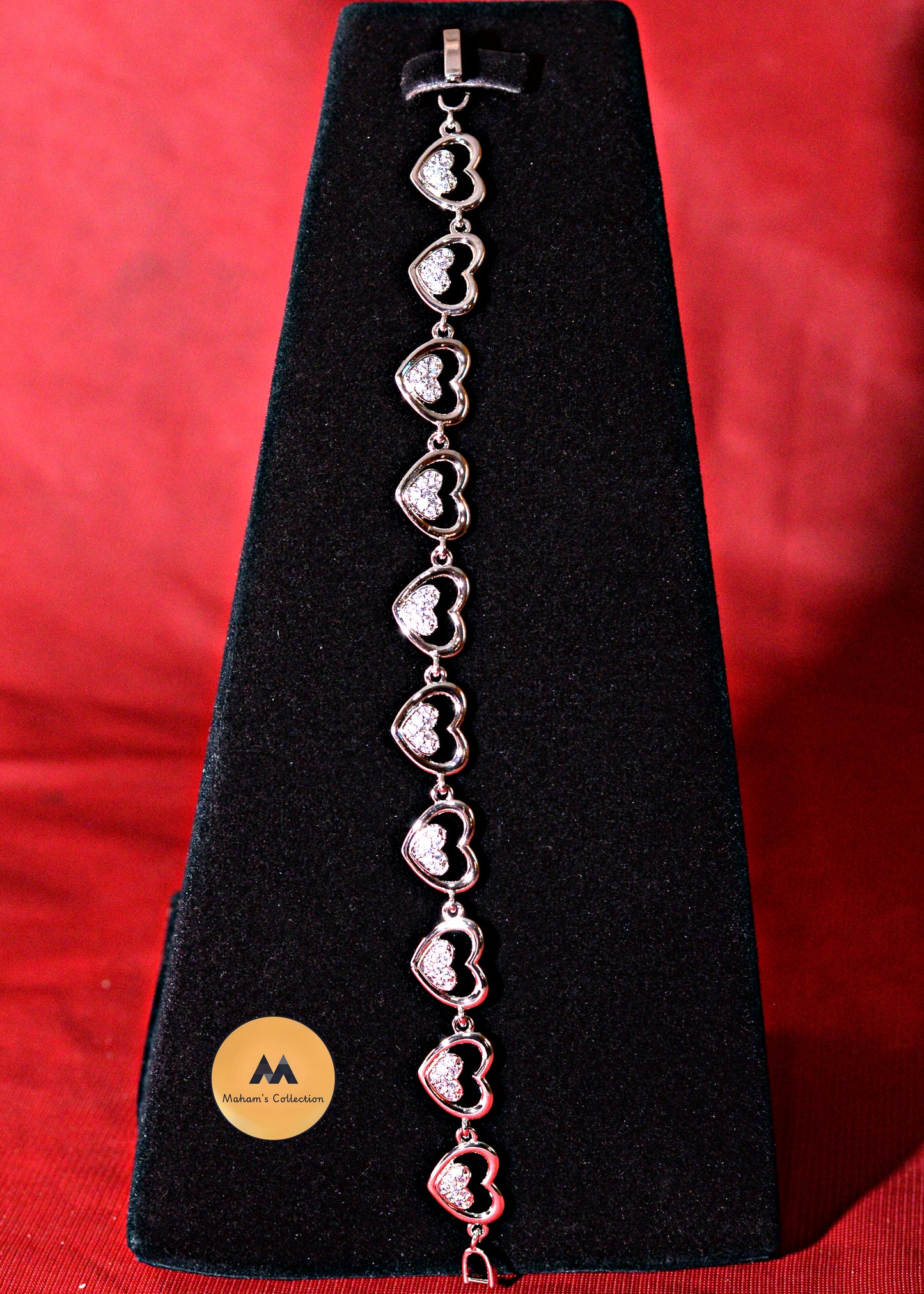 Sparkling Pave Center Heart Link Bracelet - Silver Tone, Free Size