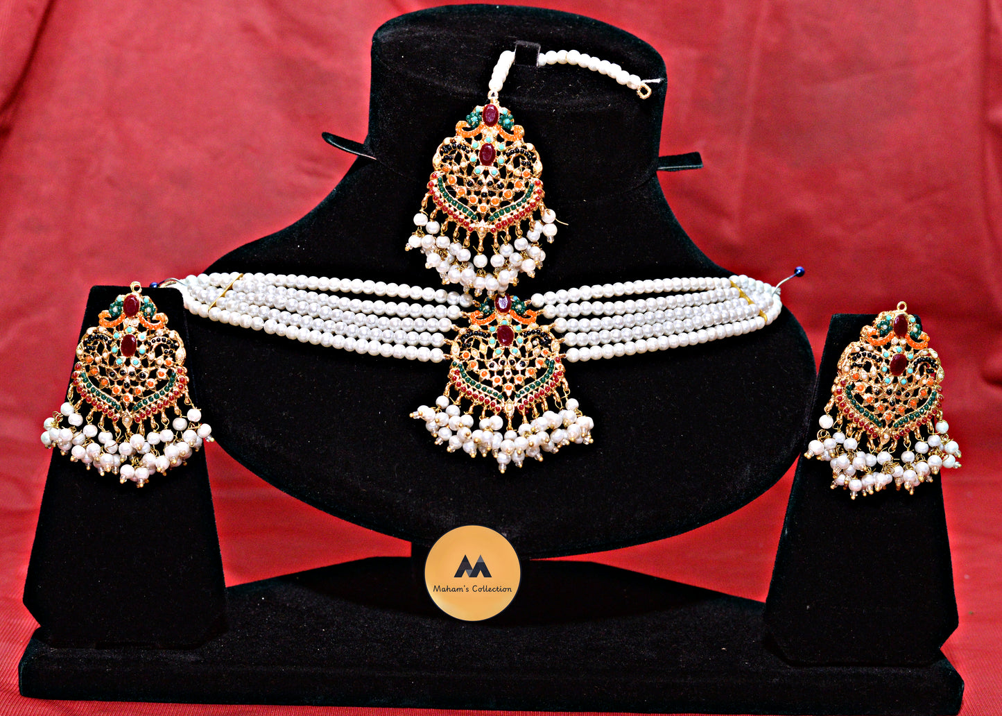 Traditional Gold-Plated Kundan & Meena Work Choker Set with Maang Tikka