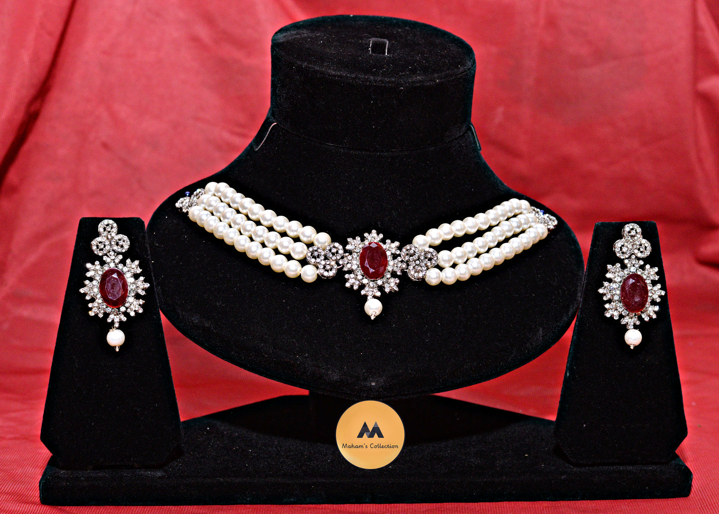 Elegant 3-Layer Pearl Choker Necklace & Earring Set - Available in 3 Gemstone Colors