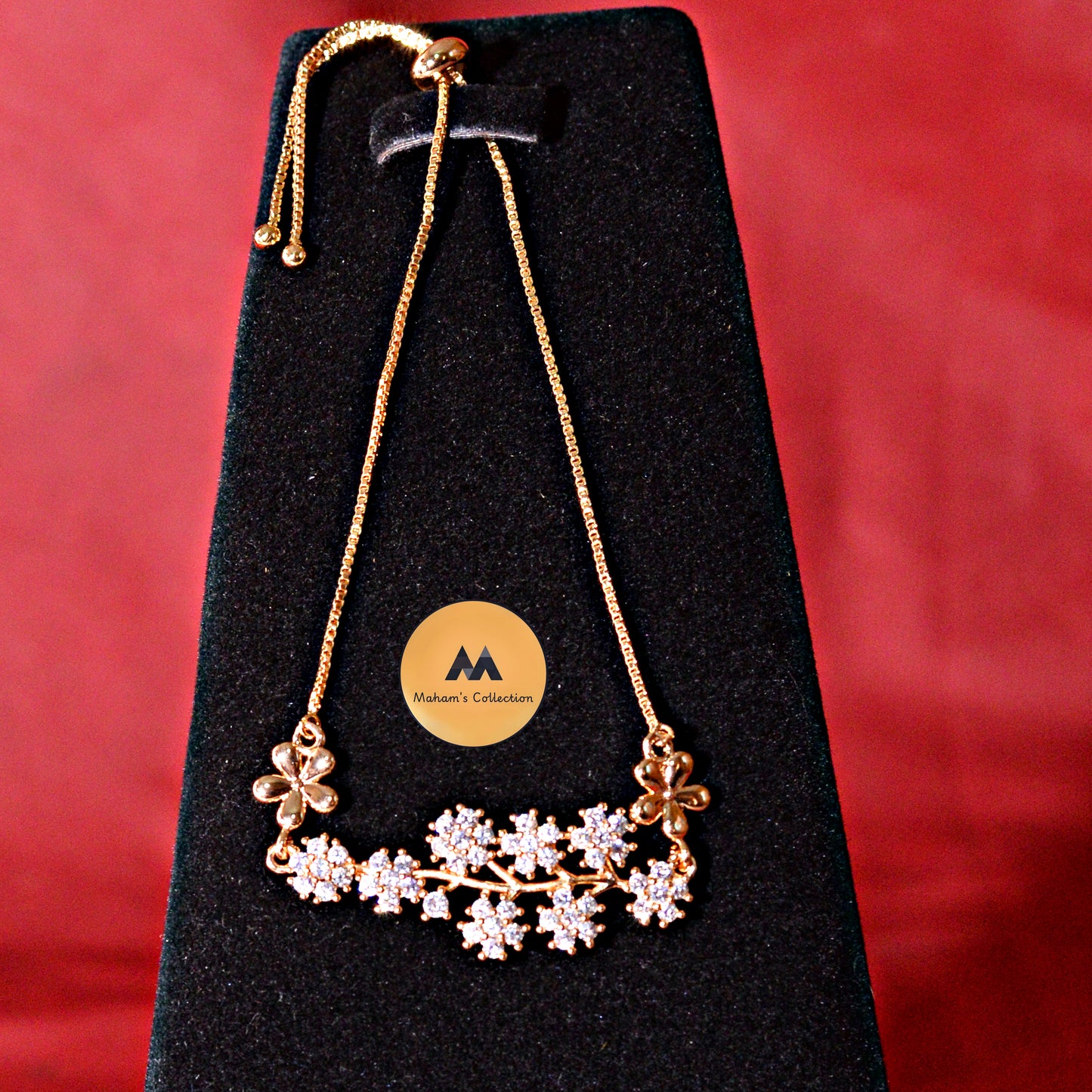 Sparkling Floral Vine Bolo Bracelet - Adjustable Gold Tone Slider, Free Size