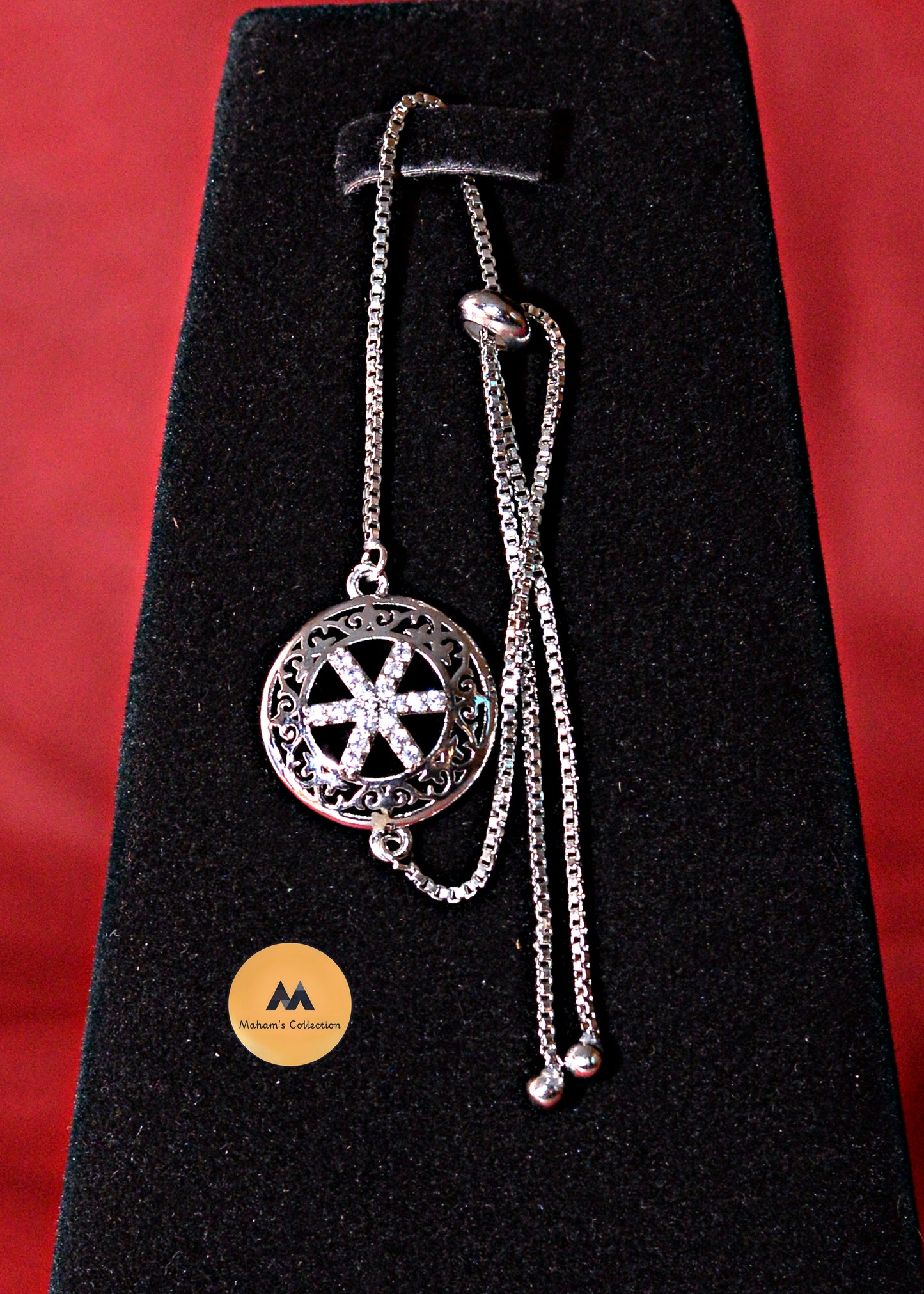 Silver Mandala Filigree Slider Bracelet - Adjustable Chain with Crystal Accents