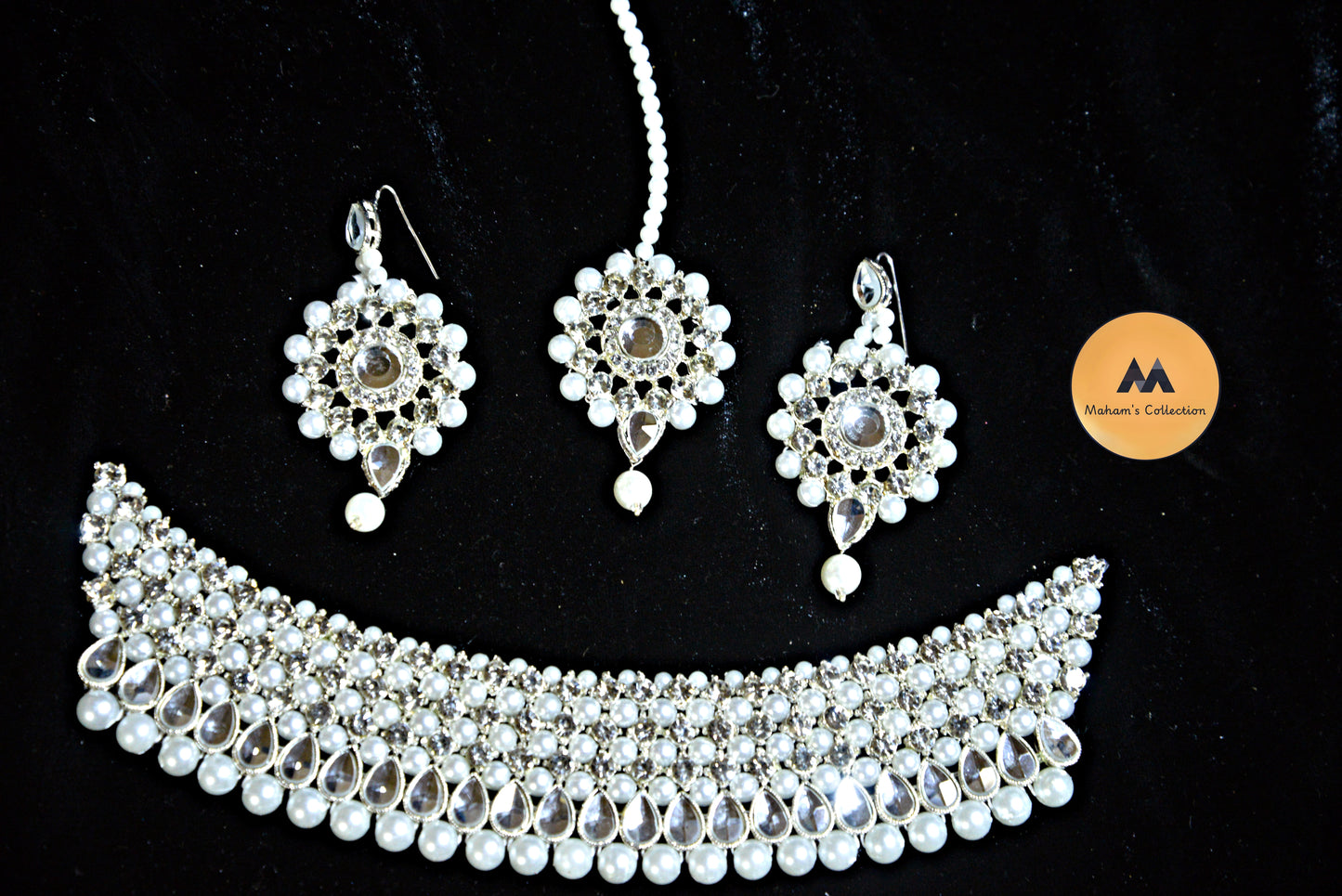 Kundan & Pearl Bridal Choker Set with Maang Tikka & Earrings | Silver Tone