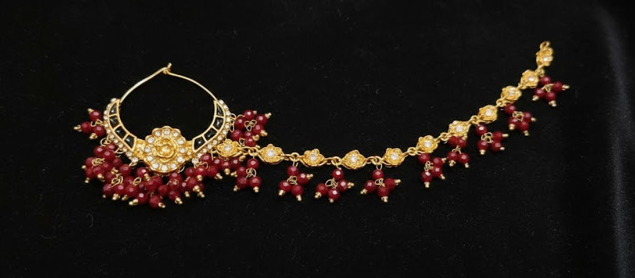 Traditional Kundan & Pearl Bridal Nath with Extended Floral Chain – Available in 6 Colors