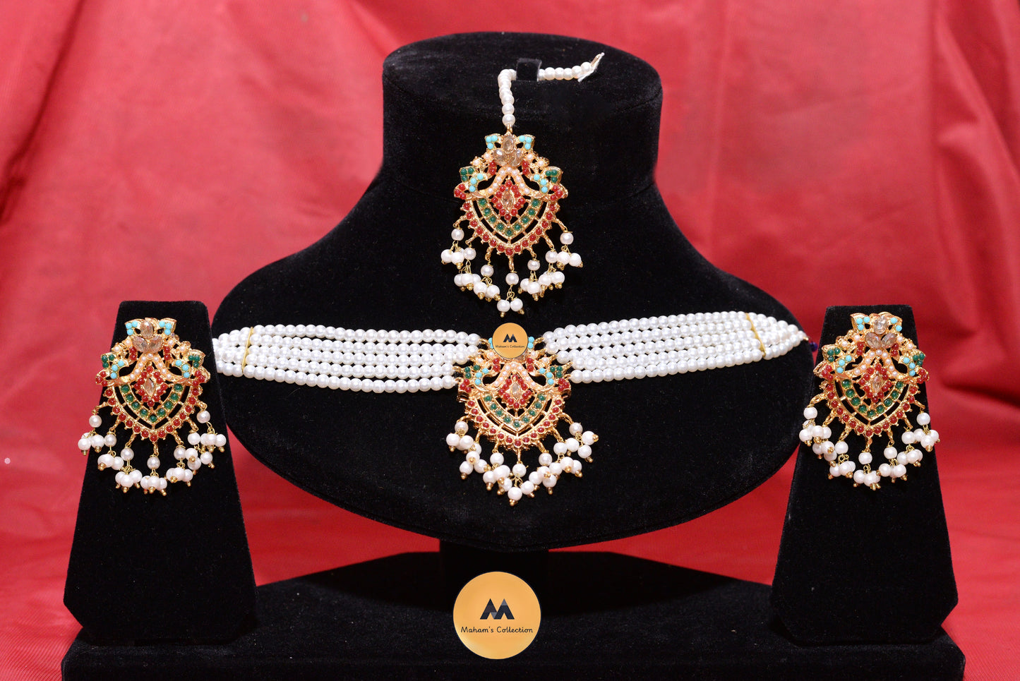 Exquisite Gold-Plated Meenakari & Kundan Pearl Choker Set with Maang Tikka