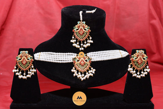 Exquisite Gold-Plated Meenakari & Kundan Pearl Choker Set with Maang Tikka