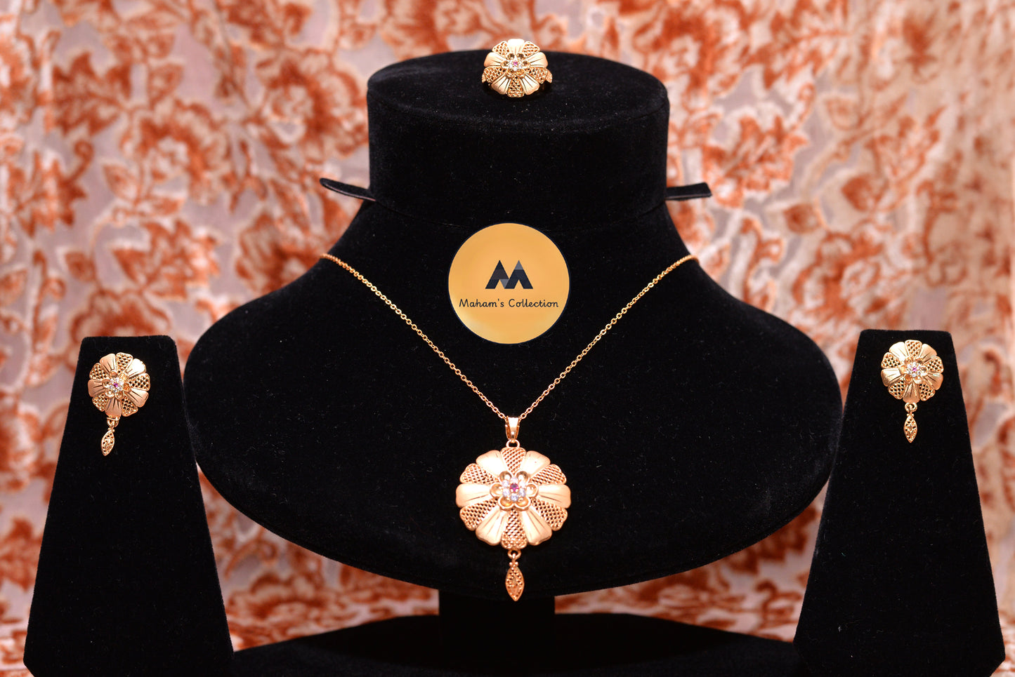 Gold-Tone Floral Pendant Set with Pink Stone Accent & Ring