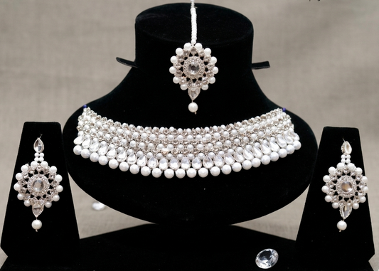 Kundan & Pearl Bridal Choker Set with Maang Tikka & Earrings | Silver Tone