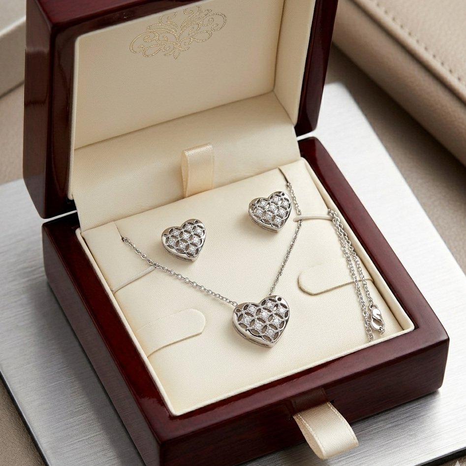 Filigree Heart Pendant & Earrings Set – Diamond-Cut Stone Studded Jewelry (Available in Gold & Silver)
