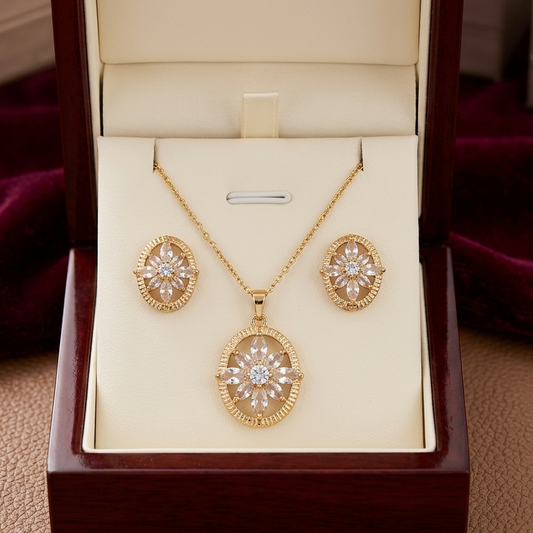 Vintage Floral Medallion Jewelry Set – Marquise Crystal Necklace & Earrings (3 Colors)