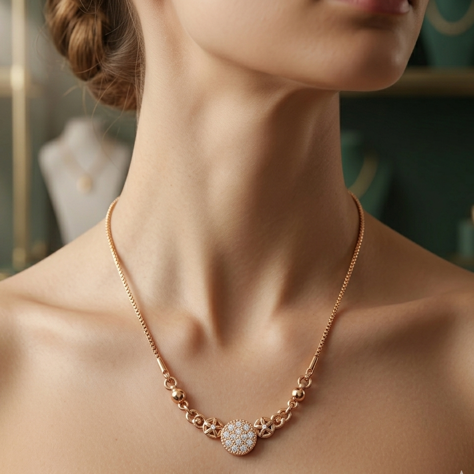 Rose Gold-Tone Circular Pendant Necklace | White Stone Cluster & Filigree Jewelry